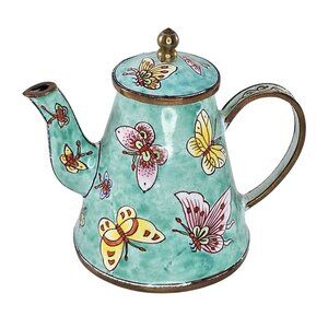Vintage Butterfly Enamel Teapot With Lid Miniature Light Blue Yellow Pink